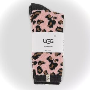 UGG Leslie Cozy Graphic Crew Socks Fuzzy Pink Leopard Print NWT